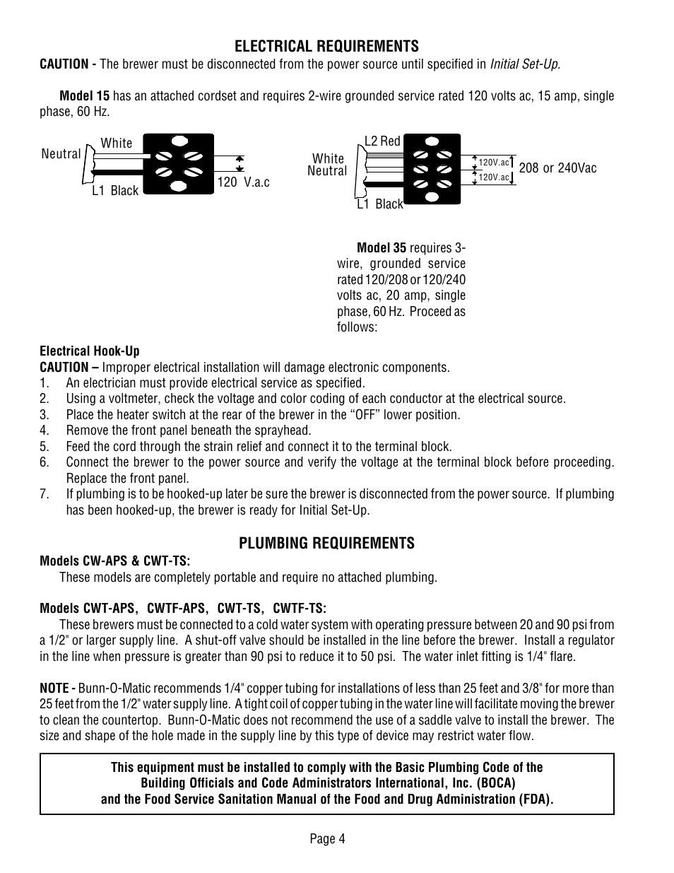 Electrical requirements, Plumbing requirements, Initial set-up | Bunn CWT-TS User Manual | Page 4 / 24