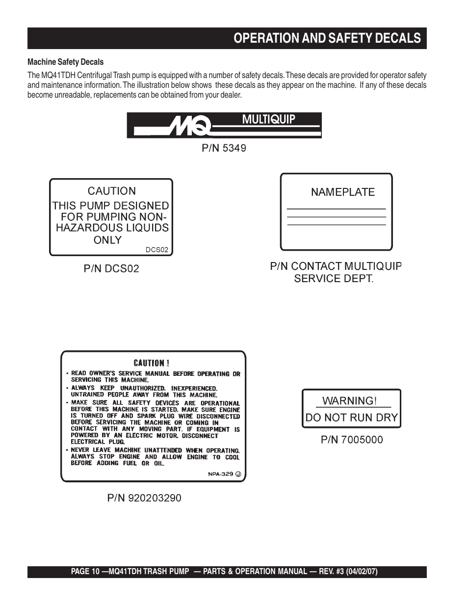 Operation and safety decals | Multiquip MQ41TDH User Manual | Page 10 / 88