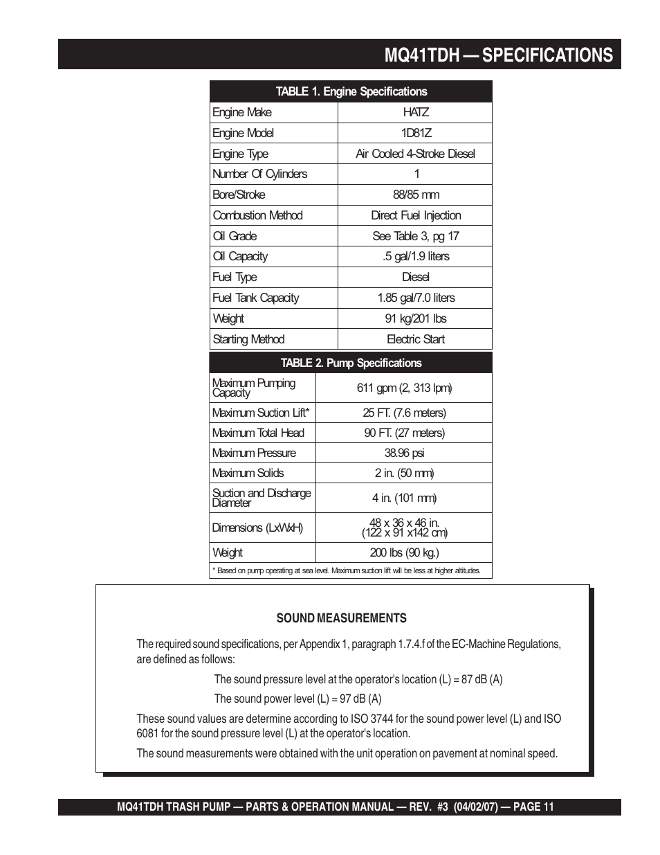 Mq41tdh — specifications | Multiquip MQ41TDH User Manual | Page 11 / 88