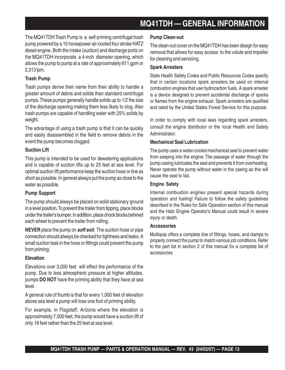 Mq41tdh — general information | Multiquip MQ41TDH User Manual | Page 13 / 88