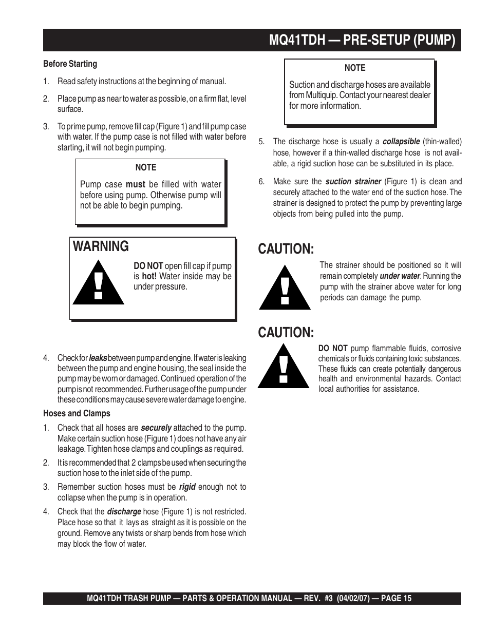Mq41tdh — pre-setup (pump), Warning, Caution | Multiquip MQ41TDH User Manual | Page 15 / 88