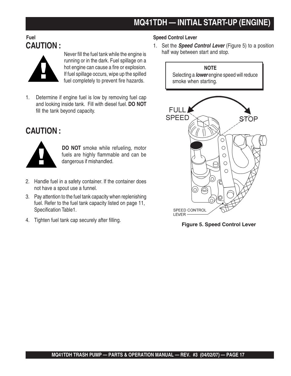 Mq41tdh — initial start-up (engine), Caution | Multiquip MQ41TDH User Manual | Page 17 / 88