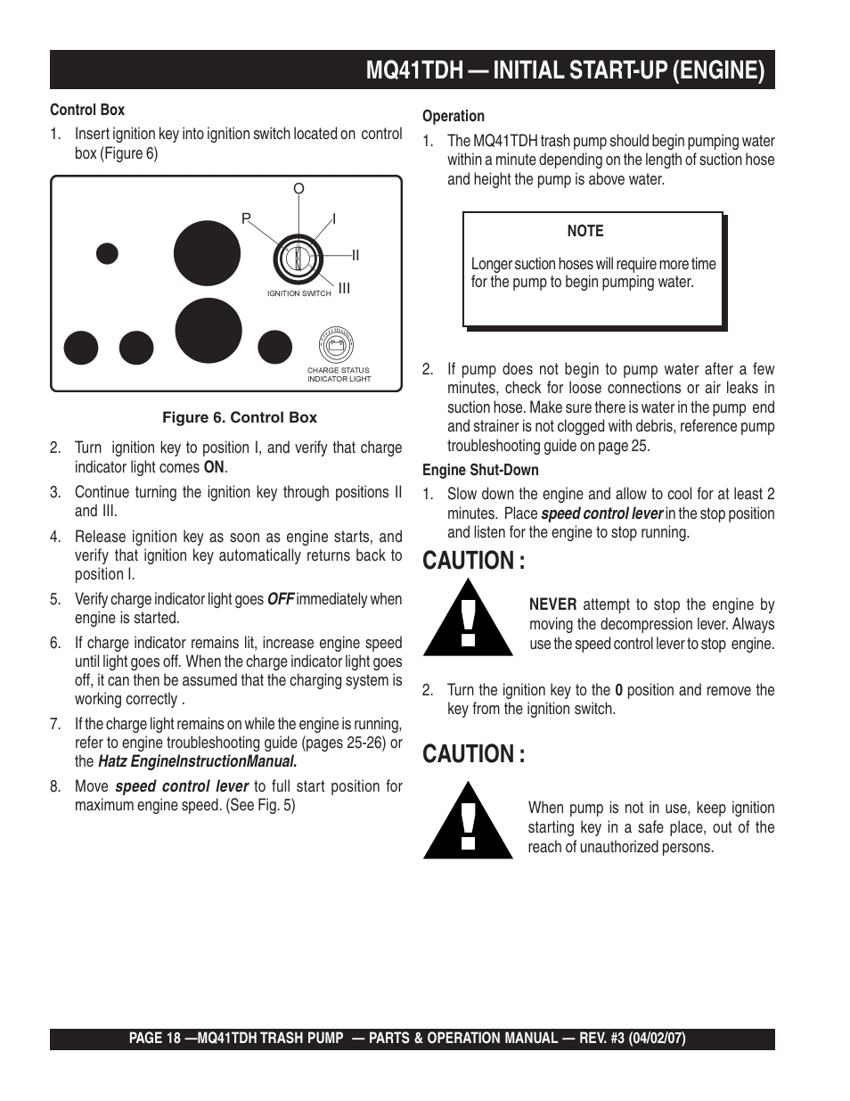 Mq41tdh — initial start-up (engine), Caution | Multiquip MQ41TDH User Manual | Page 18 / 88