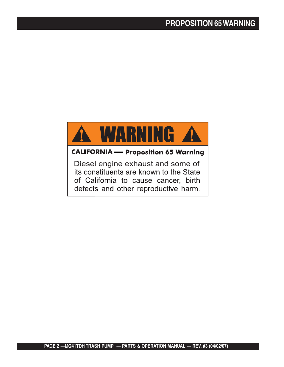 Proposition 65 warning | Multiquip MQ41TDH User Manual | Page 2 / 88