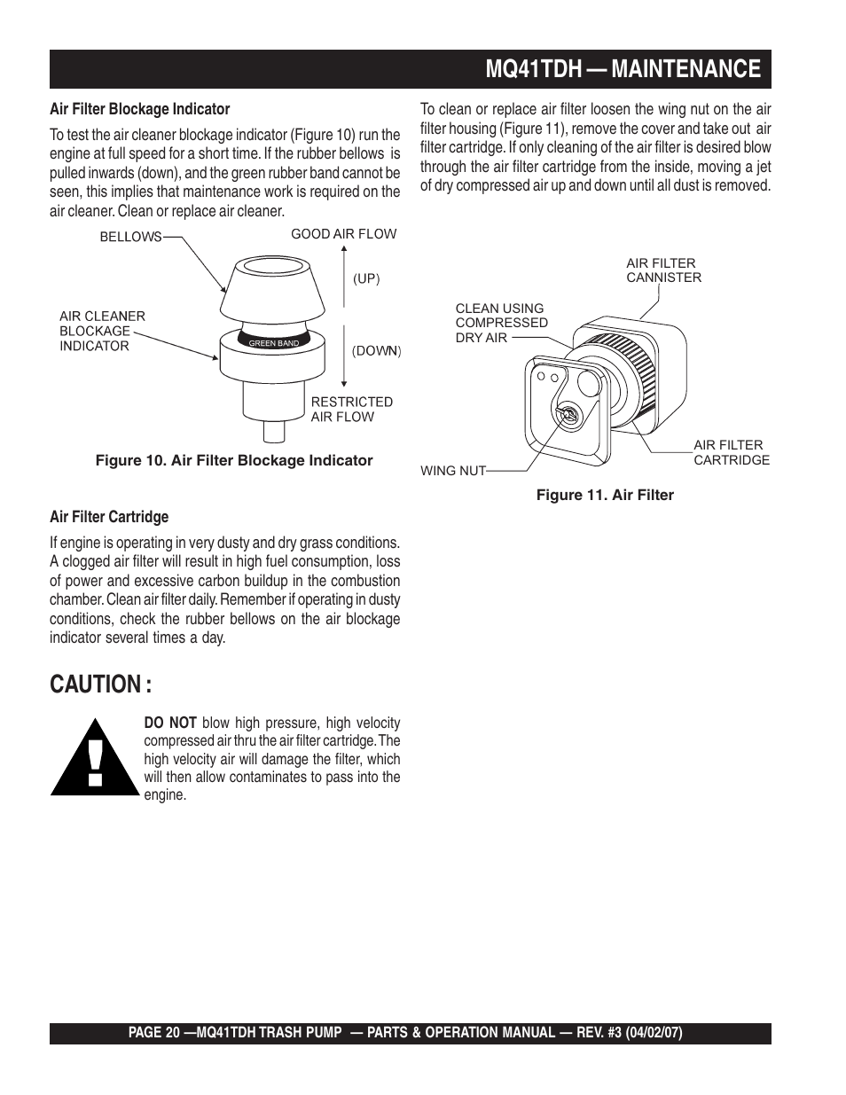 Caution, Mq41tdh — maintenance | Multiquip MQ41TDH User Manual | Page 20 / 88