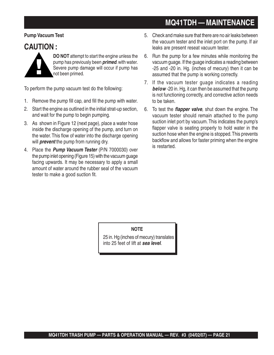 Mq41tdh — maintenance, Caution | Multiquip MQ41TDH User Manual | Page 21 / 88