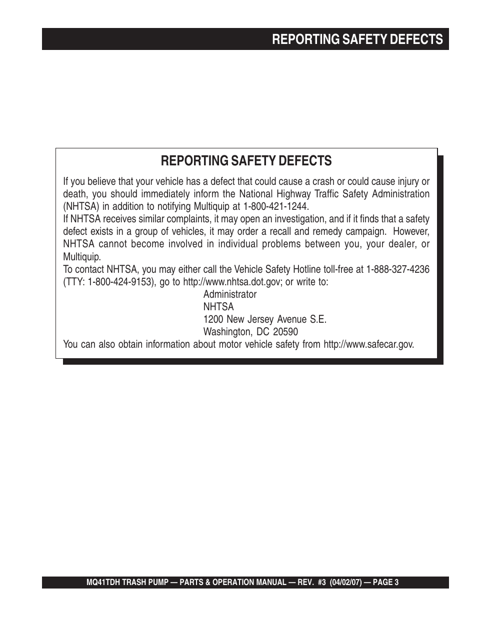Reporting safety defects | Multiquip MQ41TDH User Manual | Page 3 / 88