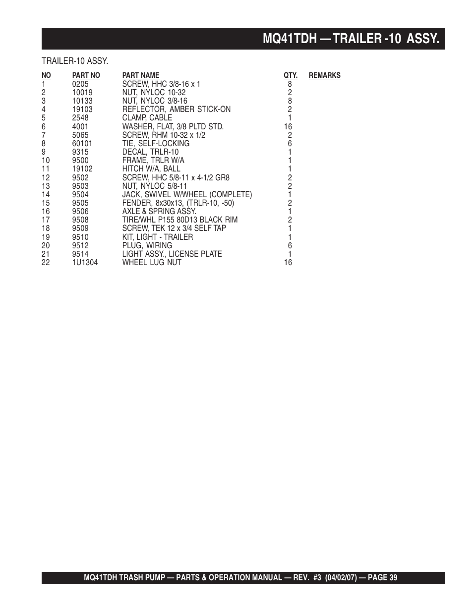 Mq41tdh — trailer -10 assy | Multiquip MQ41TDH User Manual | Page 39 / 88