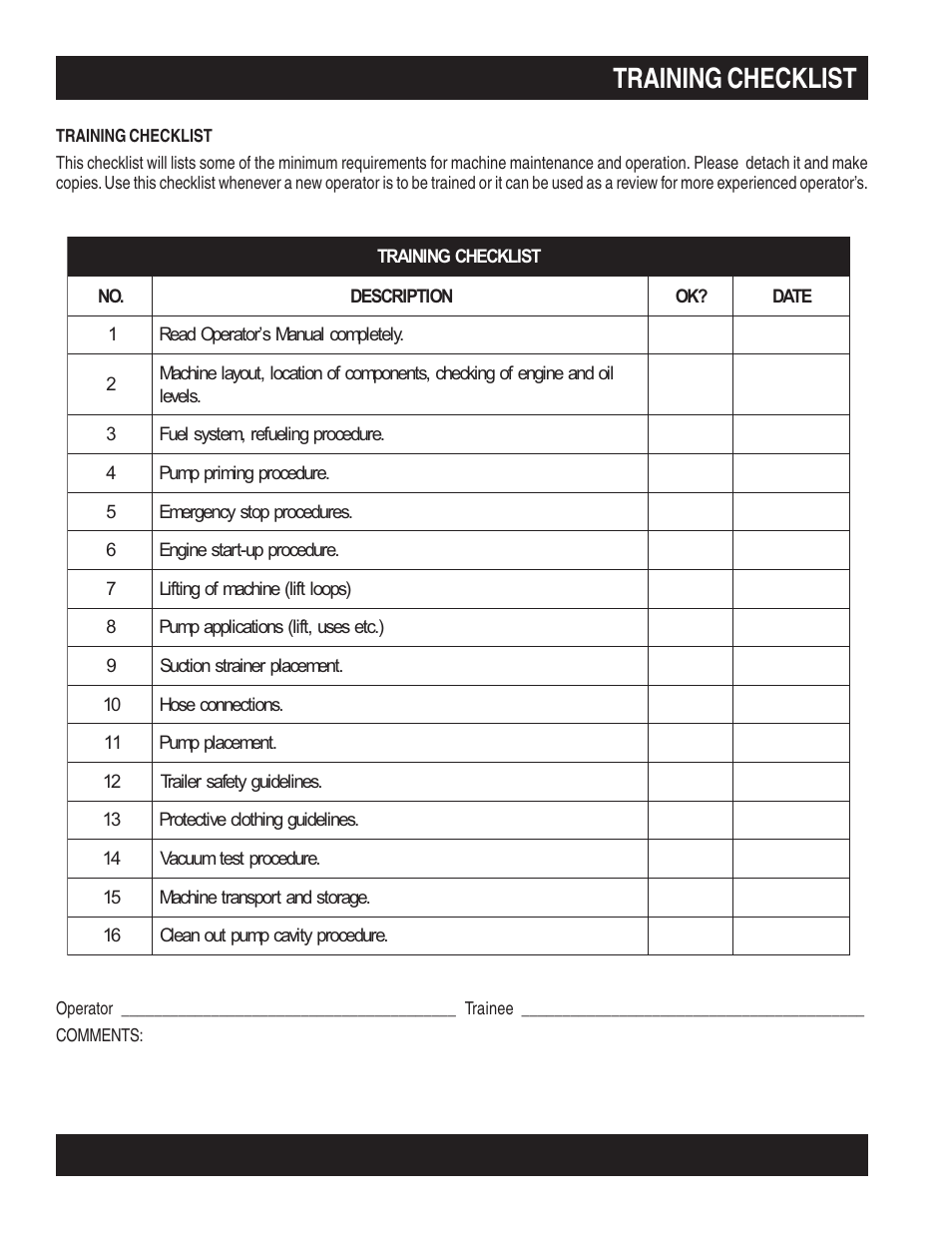 Training checklist | Multiquip MQ41TDH User Manual | Page 4 / 88