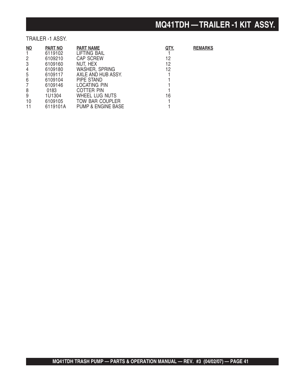 Mq41tdh — trailer -1 kit assy | Multiquip MQ41TDH User Manual | Page 41 / 88