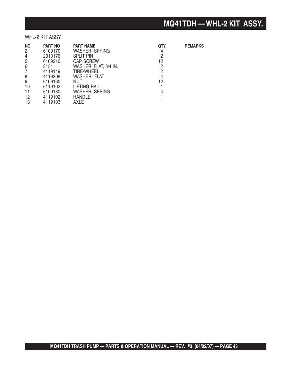 Mq41tdh — whl-2 kit assy | Multiquip MQ41TDH User Manual | Page 43 / 88