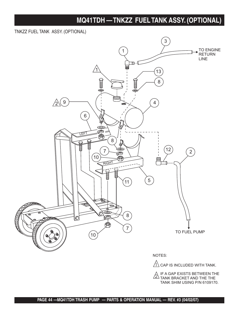 Mq41tdh — tnkzz fuel tank assy. (optional) | Multiquip MQ41TDH User Manual | Page 44 / 88
