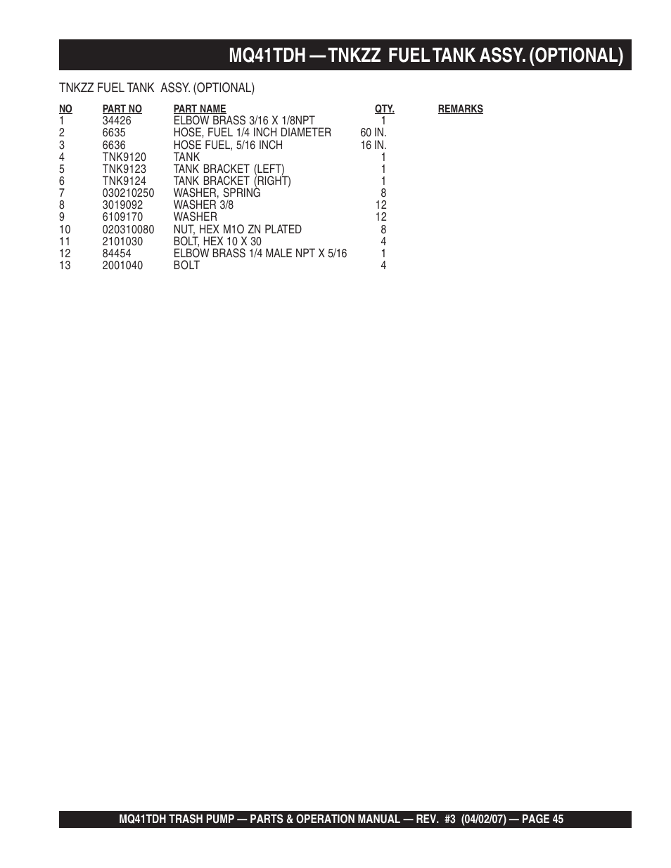 Mq41tdh — tnkzz fuel tank assy. (optional) | Multiquip MQ41TDH User Manual | Page 45 / 88