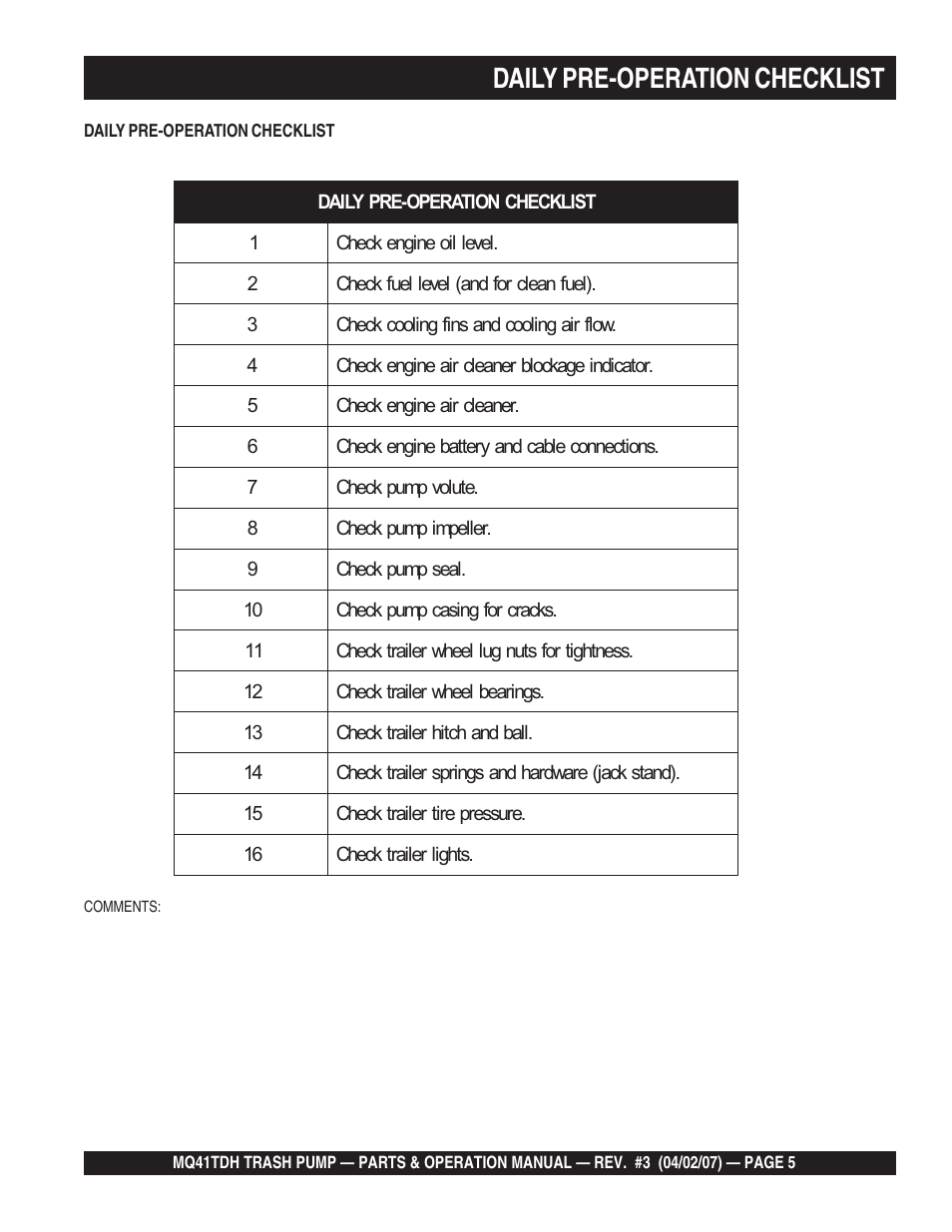 Daily pre-operation checklist | Multiquip MQ41TDH User Manual | Page 5 / 88