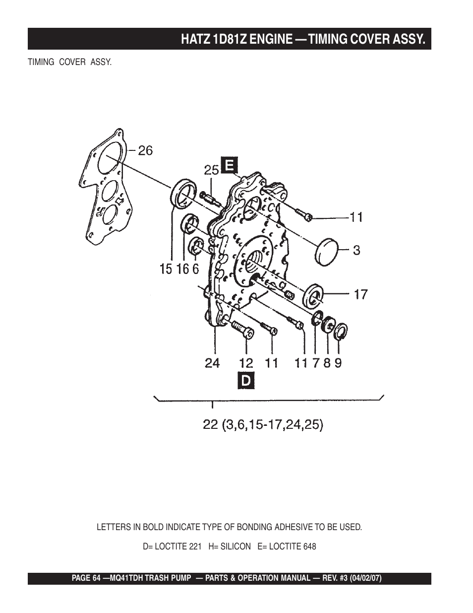 Hatz 1d81z engine — timing cover assy | Multiquip MQ41TDH User Manual | Page 64 / 88