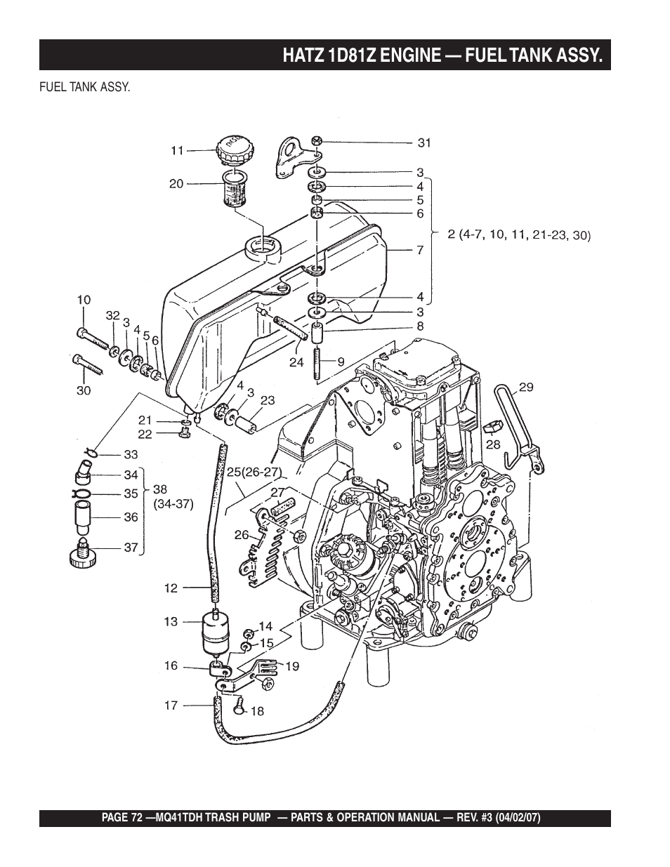 Hatz 1d81z engine — fuel tank assy | Multiquip MQ41TDH User Manual | Page 72 / 88