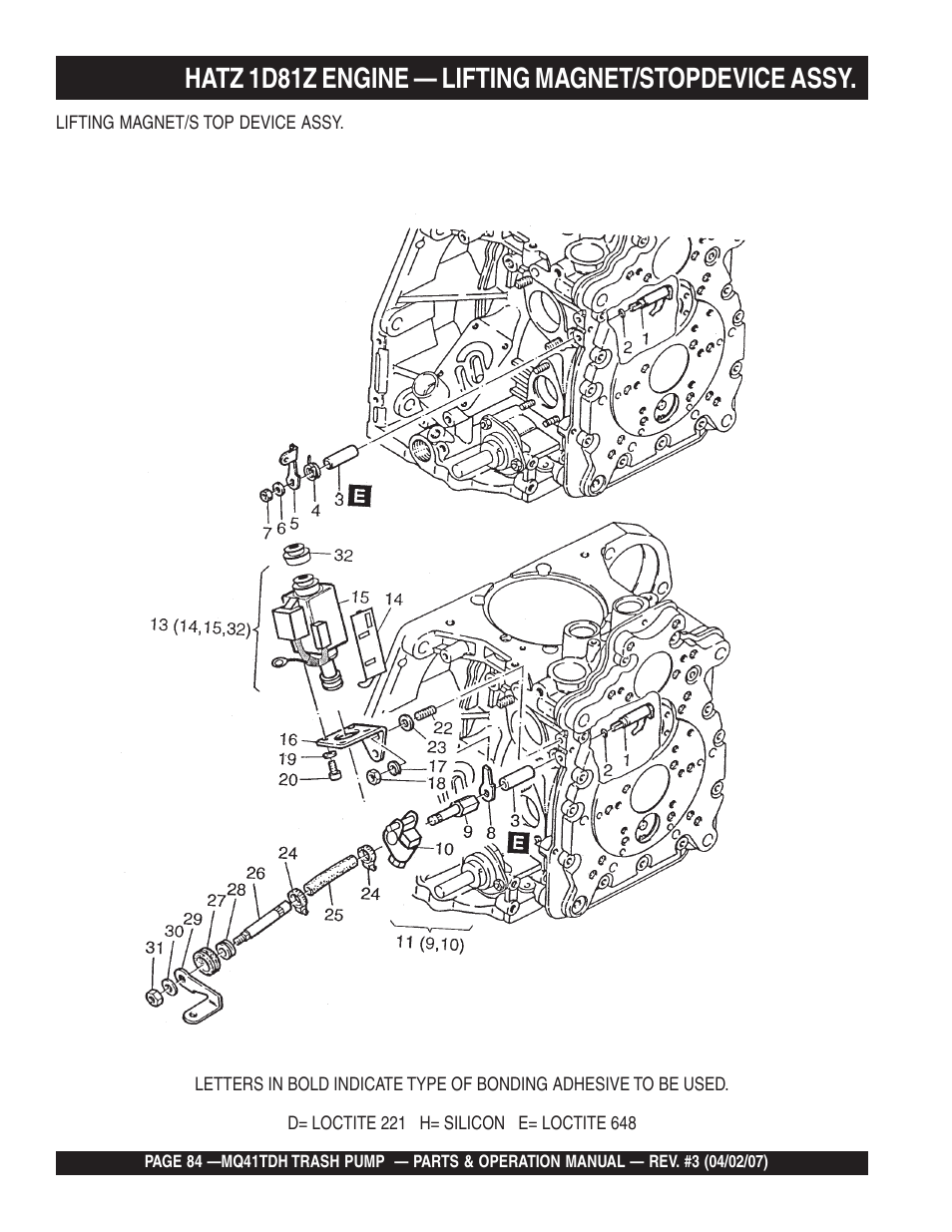 Hatz 1d81z engine — lifting magnet/stopdevice assy | Multiquip MQ41TDH User Manual | Page 84 / 88