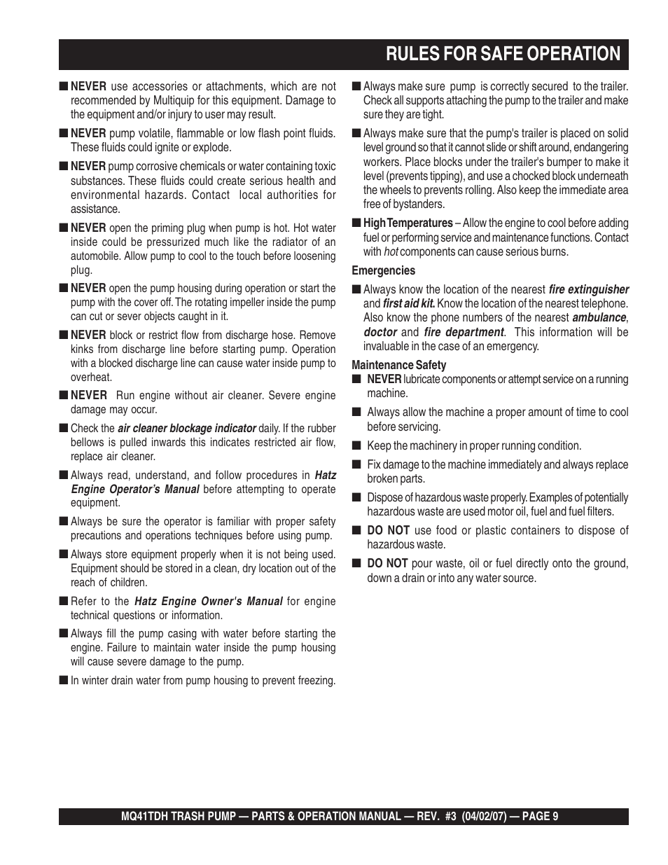 Rules for safe operation | Multiquip MQ41TDH User Manual | Page 9 / 88