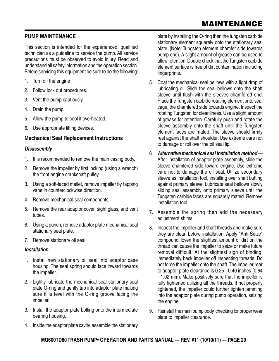 Maintenance | Multiquip MQ600TD80 User Manual | Page 29 / 76