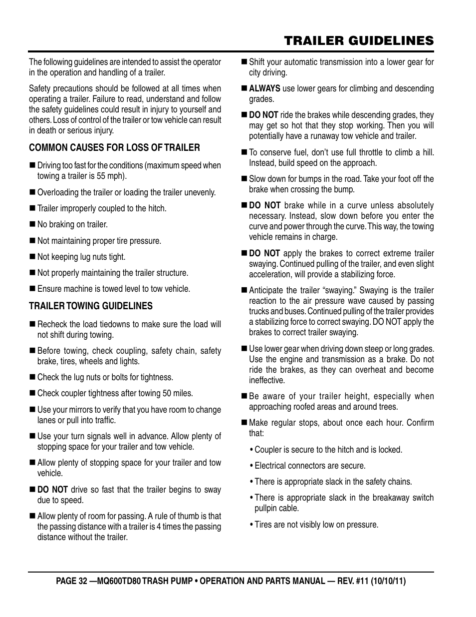 Trailer guidelines | Multiquip MQ600TD80 User Manual | Page 32 / 76