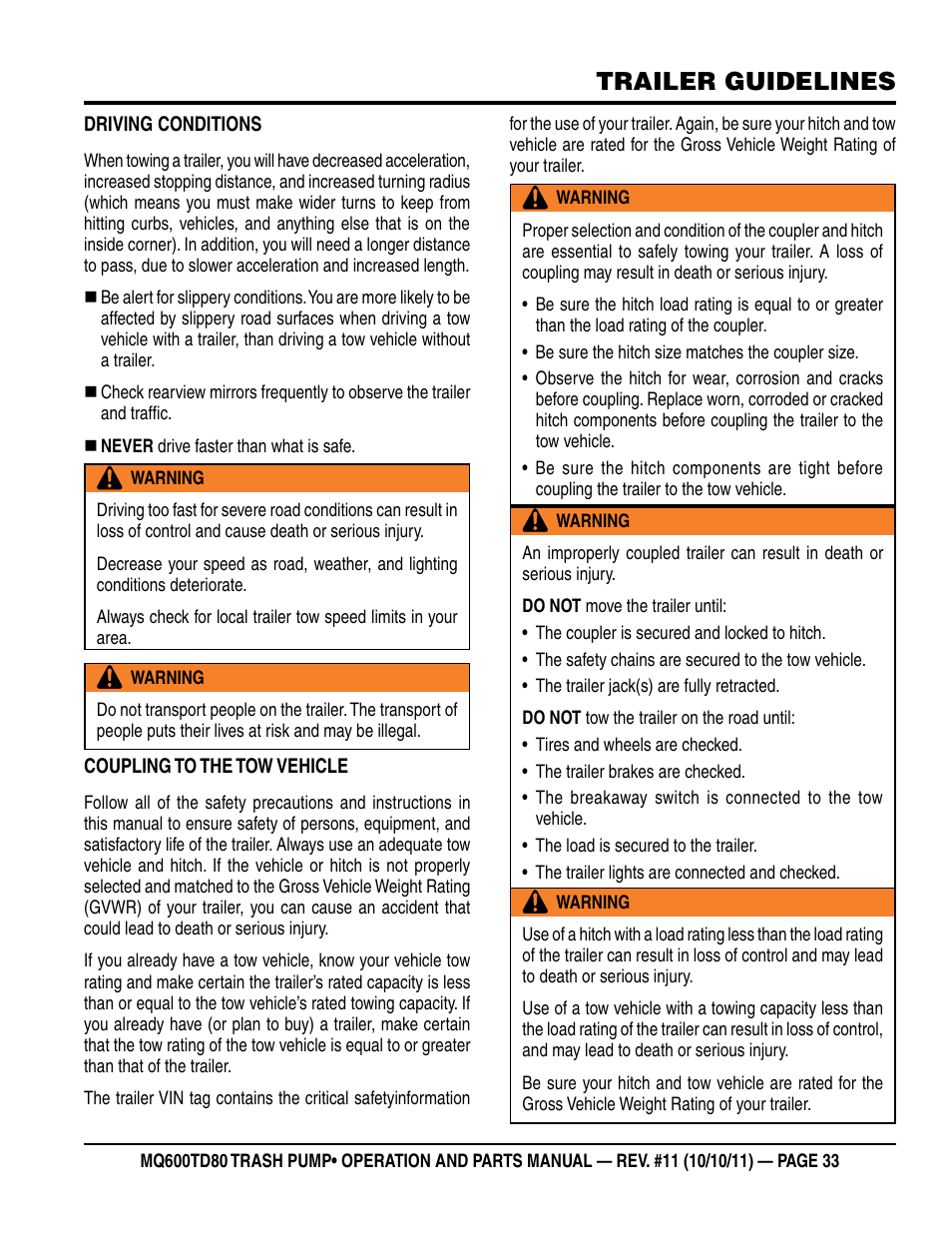 Trailer guidelines | Multiquip MQ600TD80 User Manual | Page 33 / 76