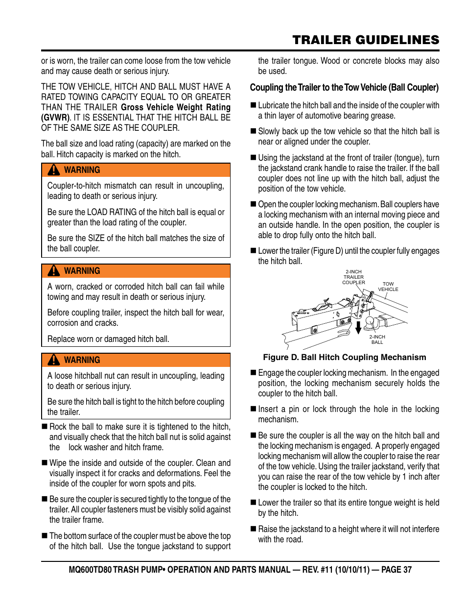 Trailer guidelines | Multiquip MQ600TD80 User Manual | Page 37 / 76
