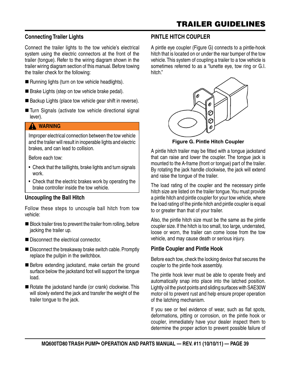 Trailer guidelines | Multiquip MQ600TD80 User Manual | Page 39 / 76