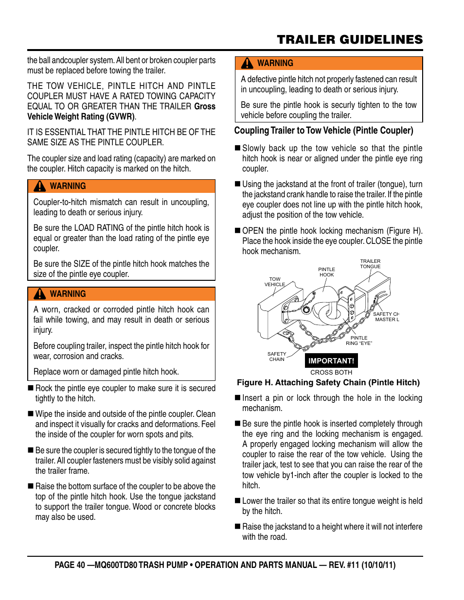 Trailer guidelines | Multiquip MQ600TD80 User Manual | Page 40 / 76