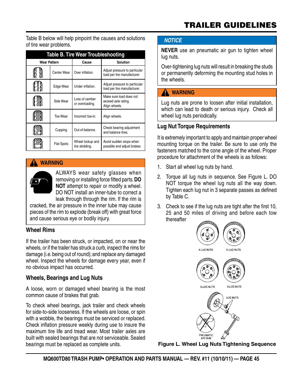 Trailer guidelines, Wheel rims, Wheels, bearings and lug nuts | Lug nut torque requirements | Multiquip MQ600TD80 User Manual | Page 45 / 76