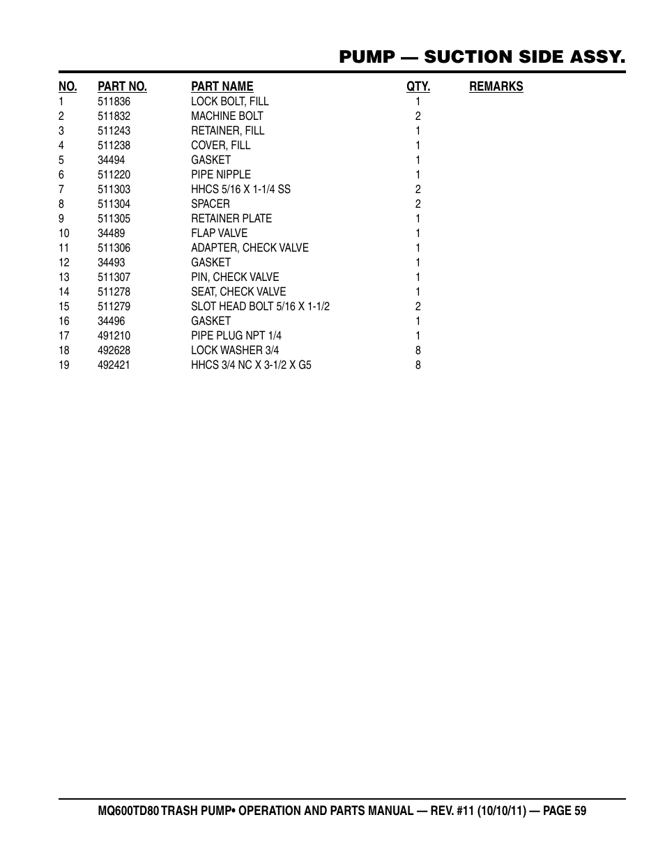 Pump — suction side assy | Multiquip MQ600TD80 User Manual | Page 59 / 76