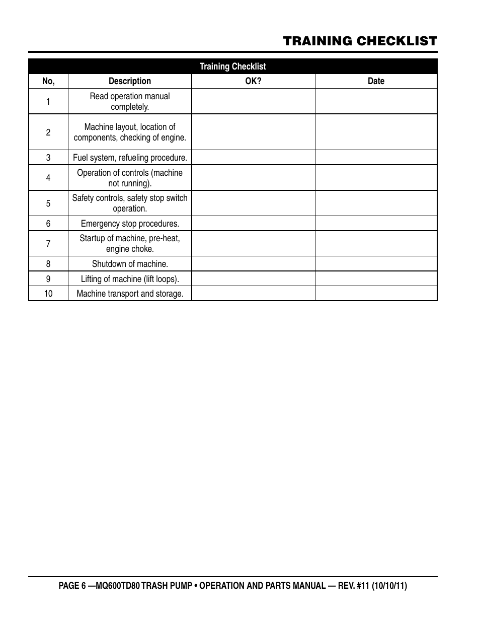 Training checklist | Multiquip MQ600TD80 User Manual | Page 6 / 76