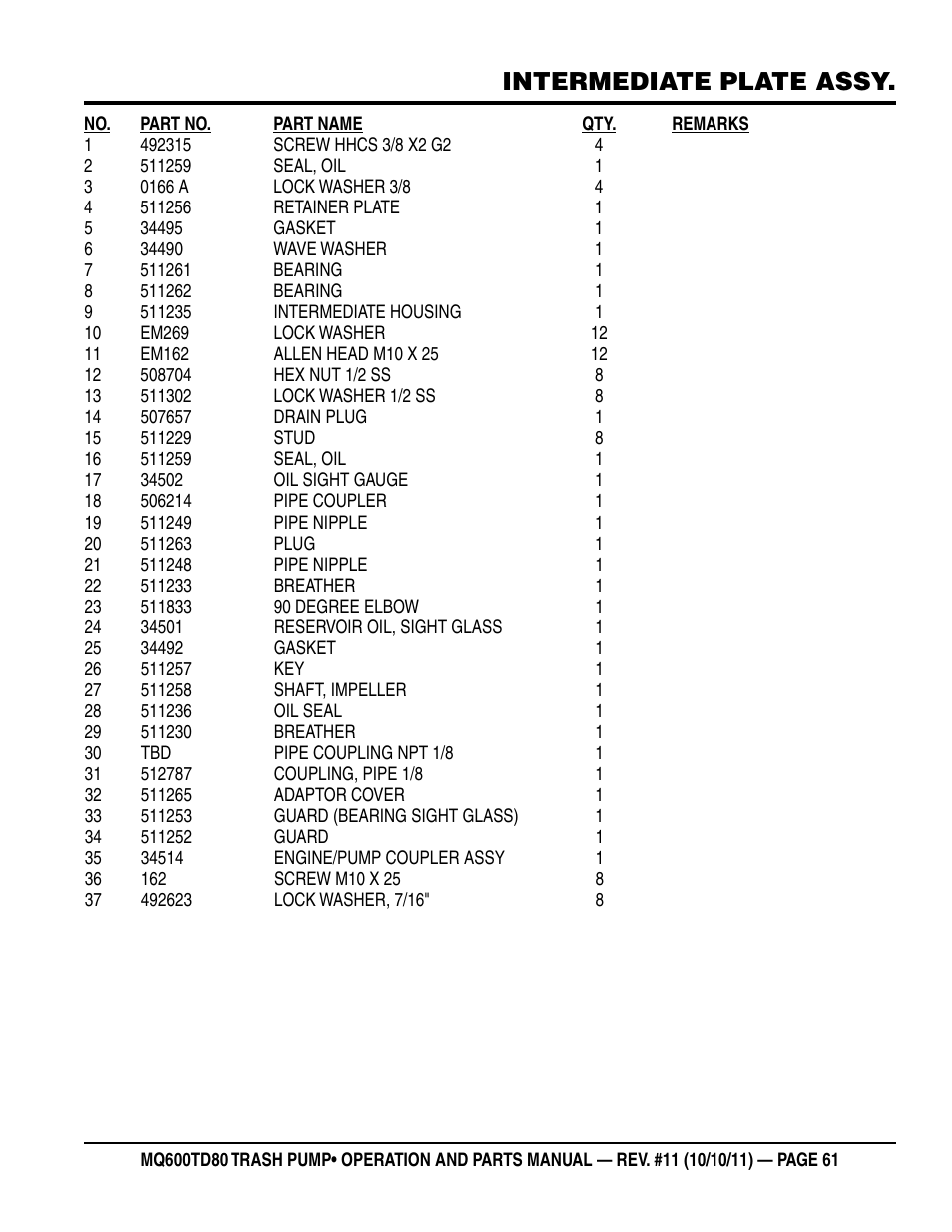 Intermediate plate assy | Multiquip MQ600TD80 User Manual | Page 61 / 76