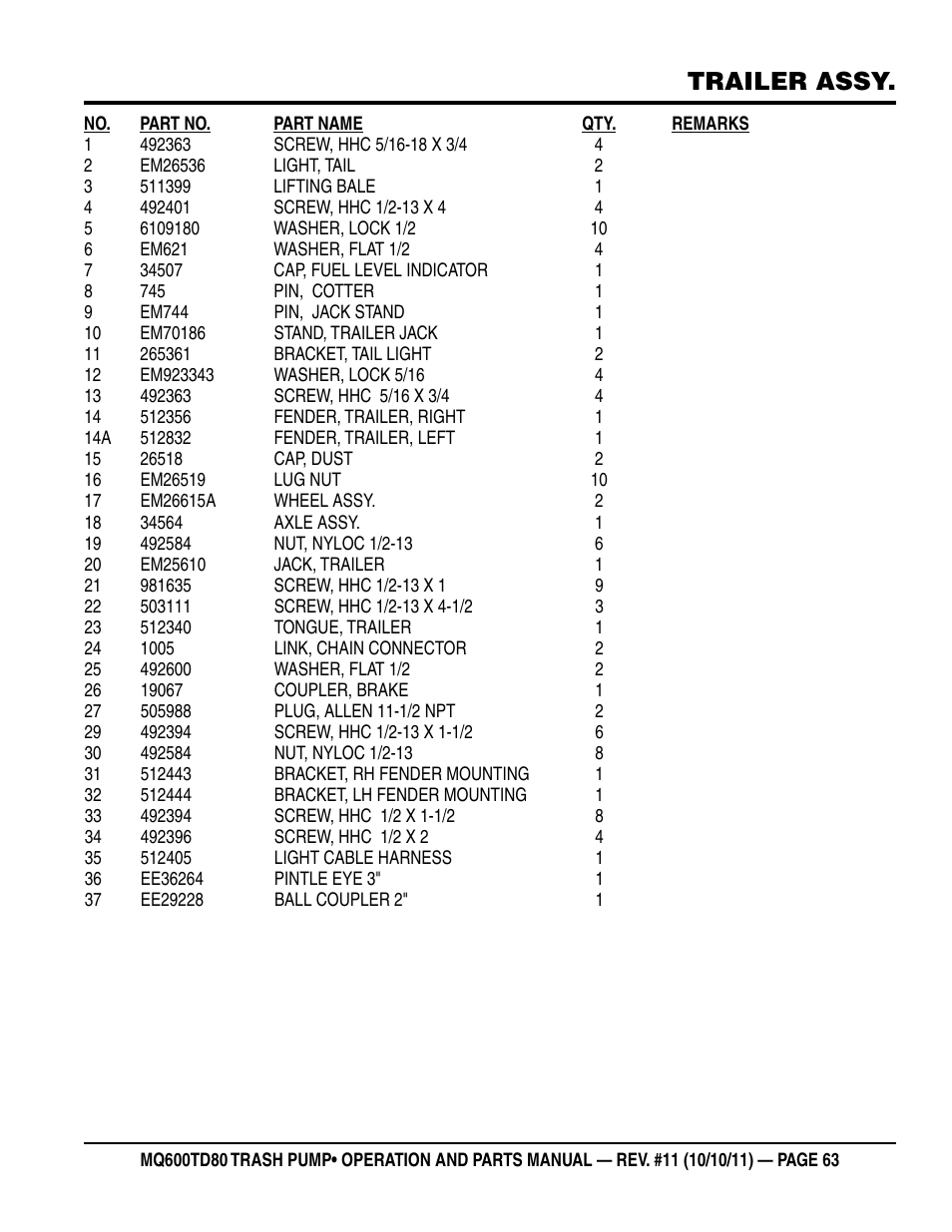Trailer assy | Multiquip MQ600TD80 User Manual | Page 63 / 76