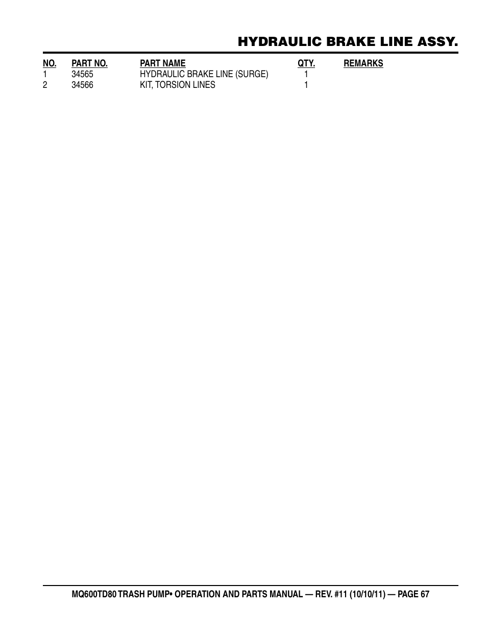 Hydraulic brake line assy | Multiquip MQ600TD80 User Manual | Page 67 / 76