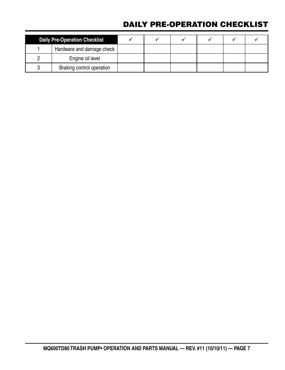 Daily pre-operation checklist | Multiquip MQ600TD80 User Manual | Page 7 / 76