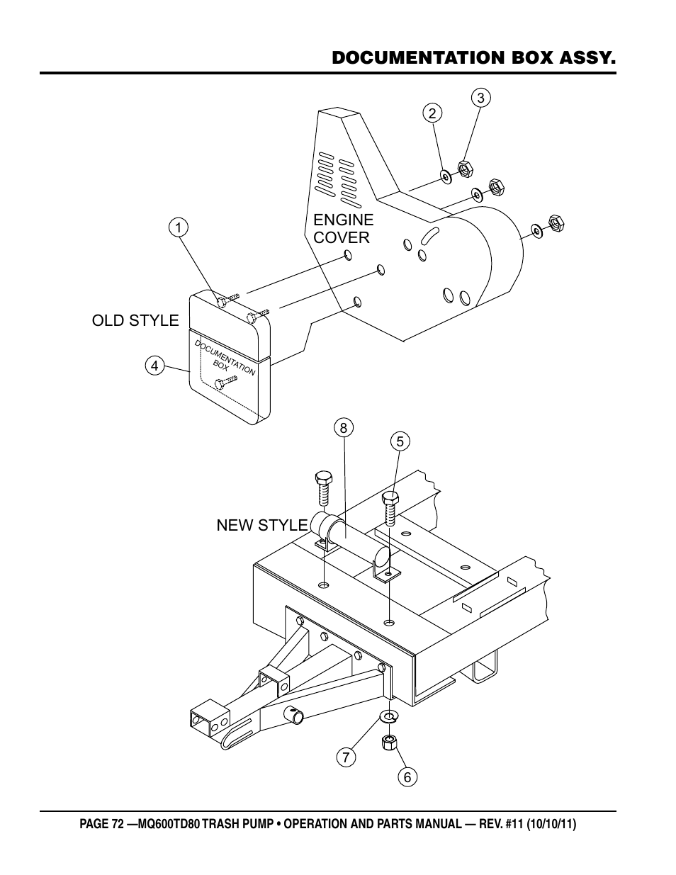 Documentation box assy, Engine cover, New style old style | Multiquip MQ600TD80 User Manual | Page 72 / 76