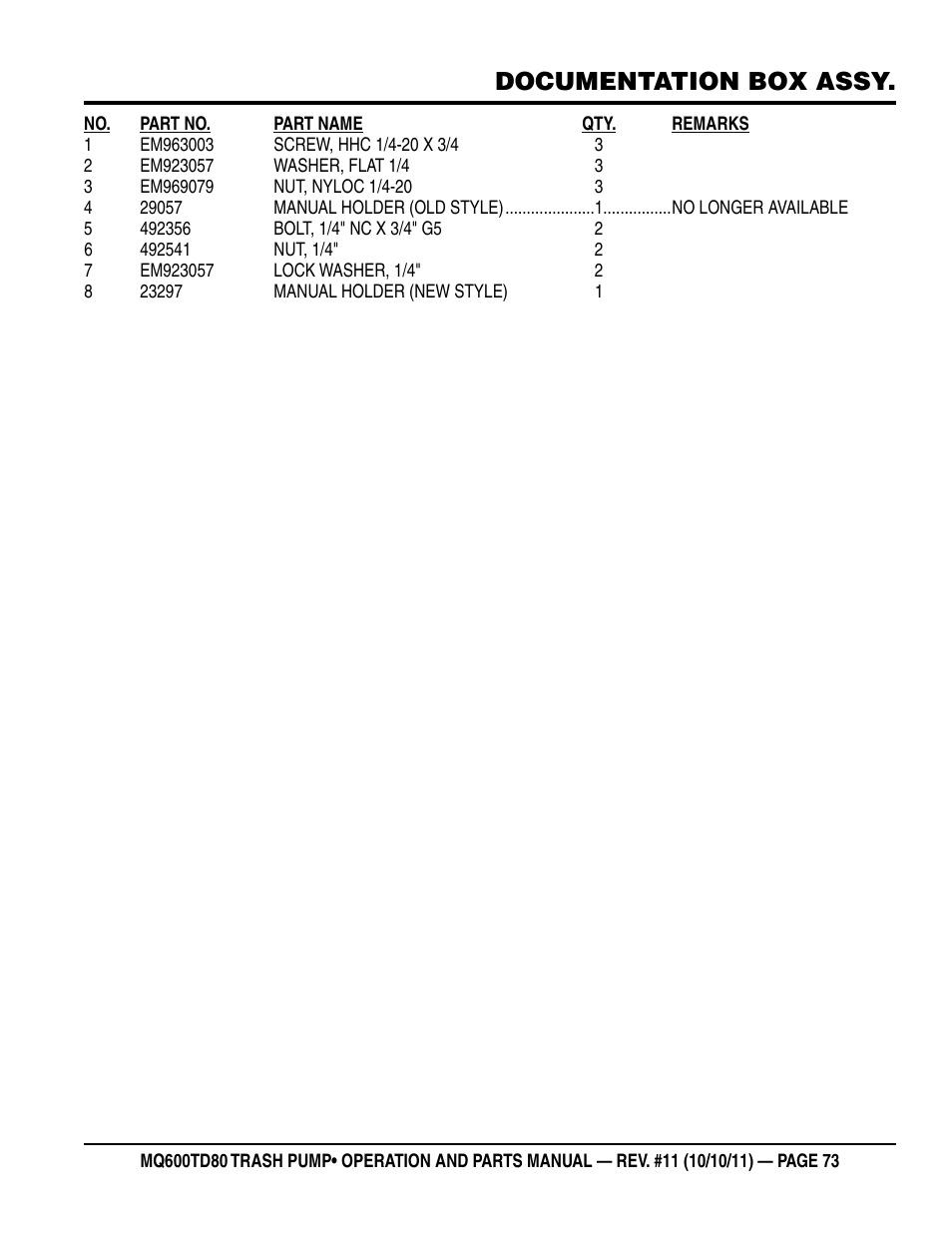 Documentation box assy | Multiquip MQ600TD80 User Manual | Page 73 / 76