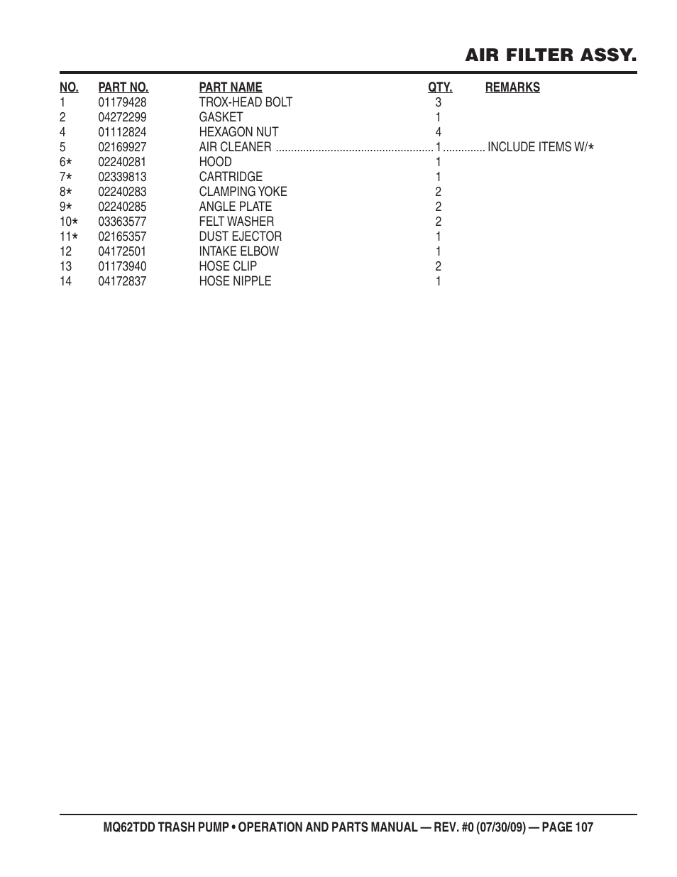 Air filter assy | Multiquip MQ62TDD User Manual | Page 107 / 116