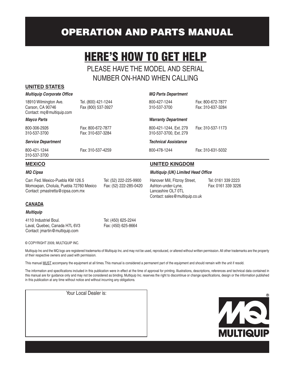 Here’s how to get help, Operation and parts manual | Multiquip MQ62TDD User Manual | Page 116 / 116