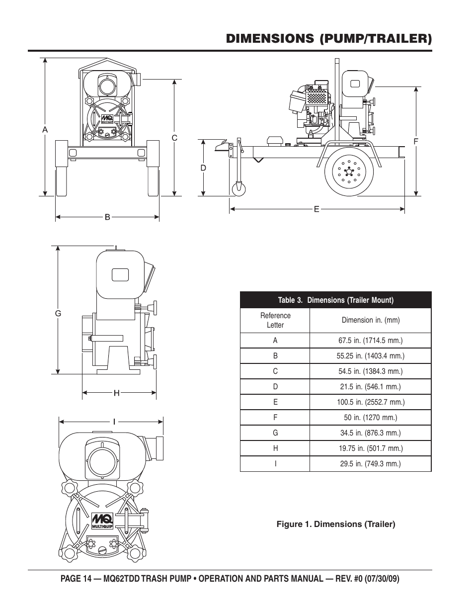 Dimensions (pump/trailer) | Multiquip MQ62TDD User Manual | Page 14 / 116