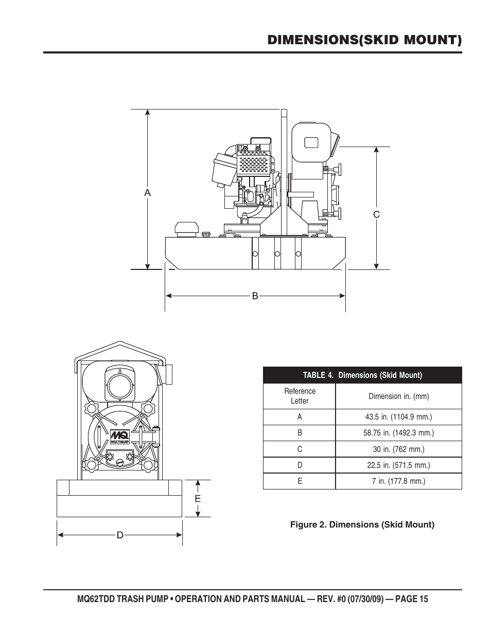 Dimensions(skid mount) | Multiquip MQ62TDD User Manual | Page 15 / 116