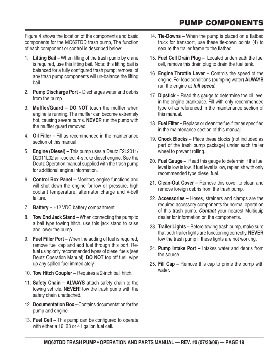 Pump components | Multiquip MQ62TDD User Manual | Page 19 / 116