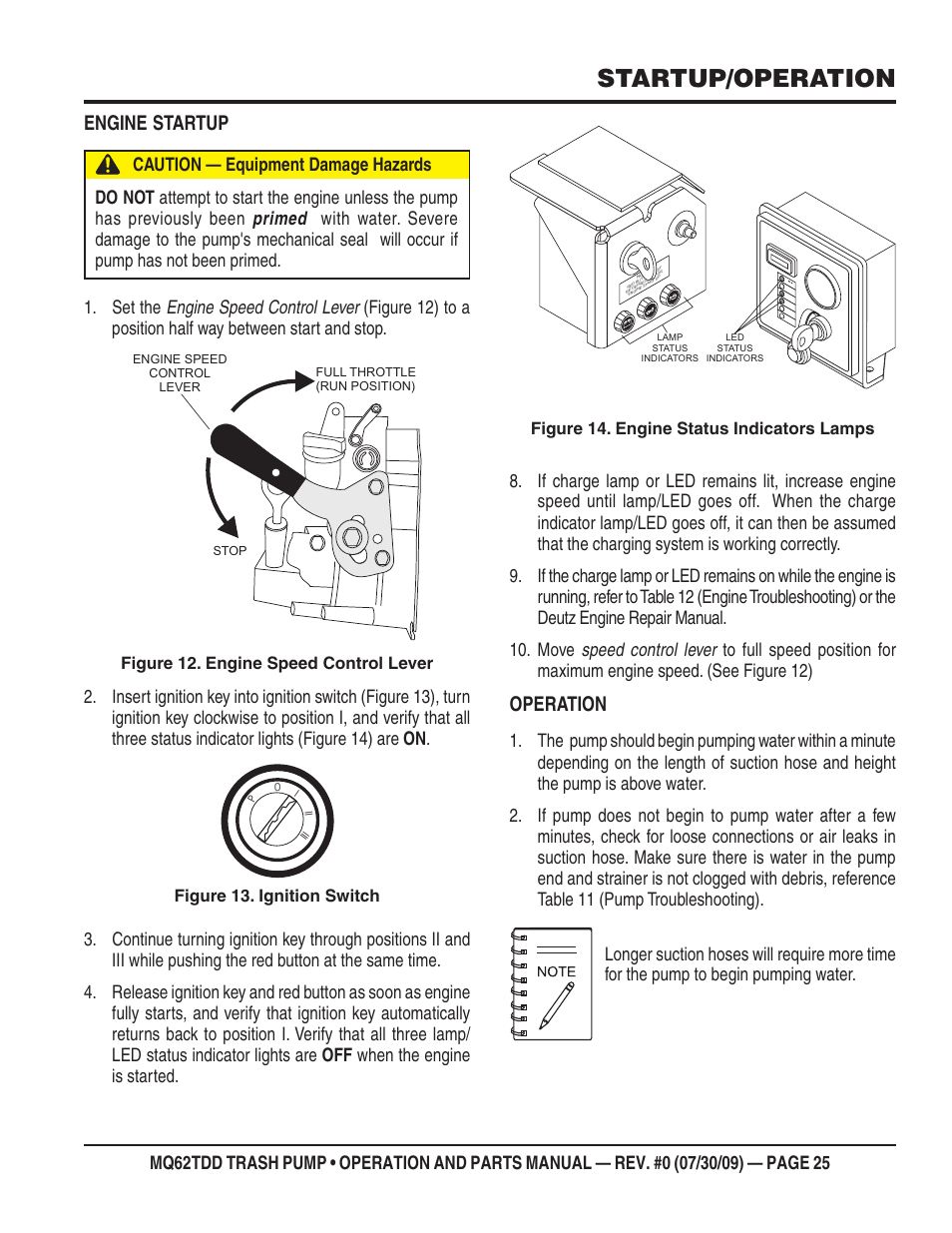 Startup/operation, Engine startup, Operation | Figure 13. ignition switch, Figure 12. engine speed control lever, Figure 14. engine status indicators lamps | Multiquip MQ62TDD User Manual | Page 25 / 116
