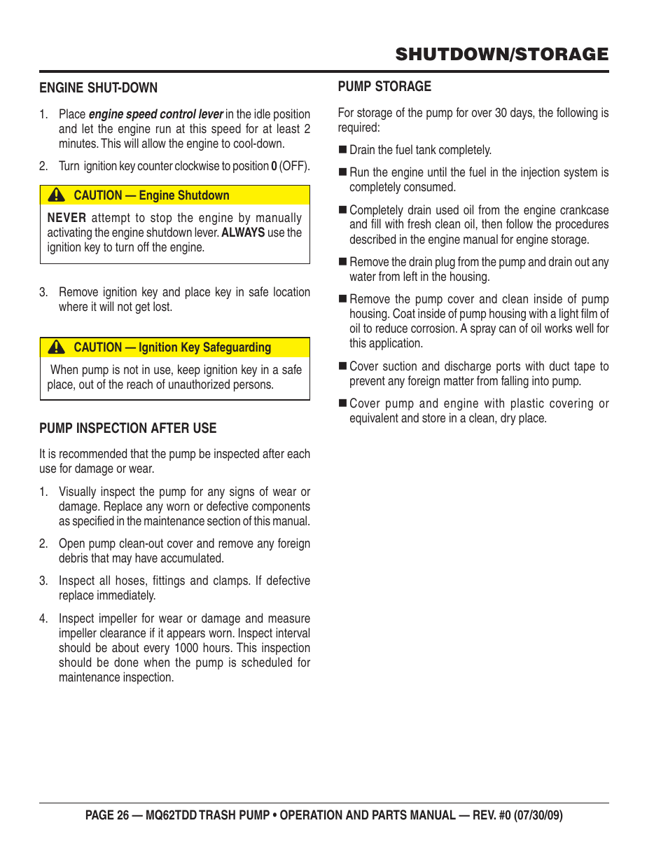 Shutdown/storage | Multiquip MQ62TDD User Manual | Page 26 / 116