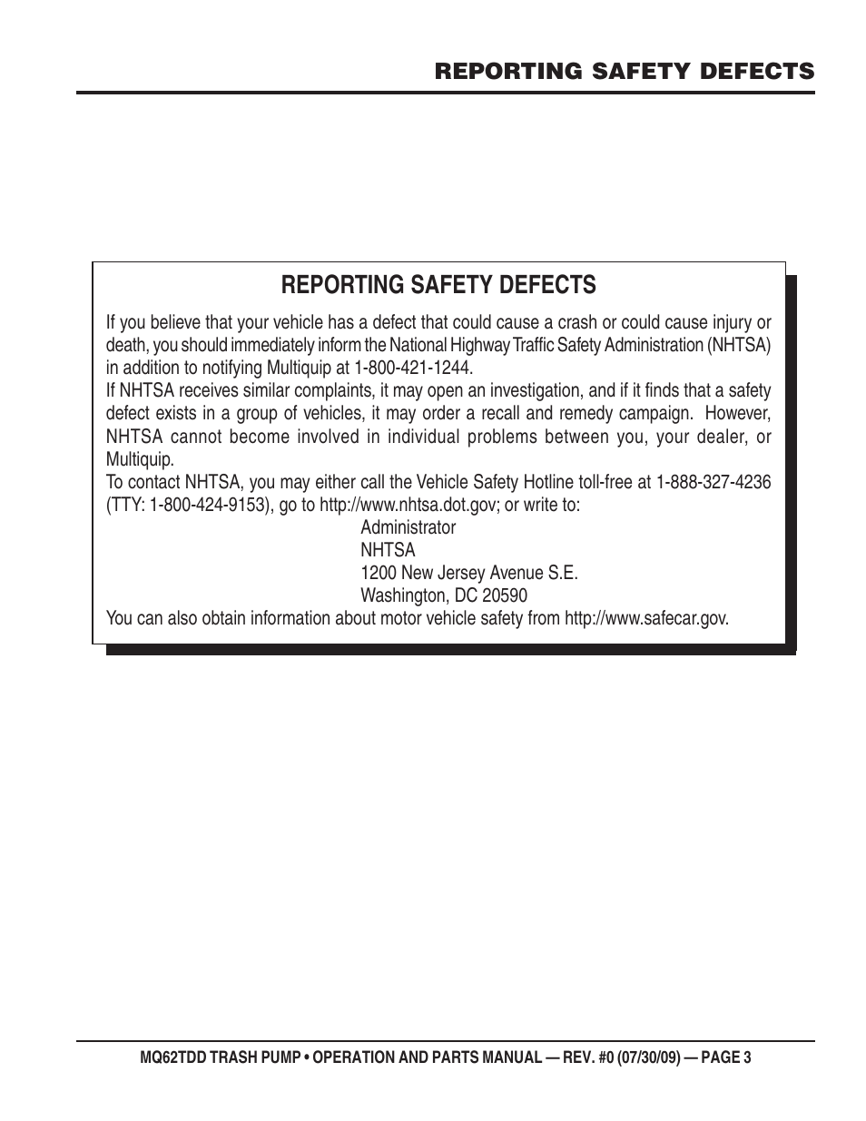 Reporting safety defects | Multiquip MQ62TDD User Manual | Page 3 / 116
