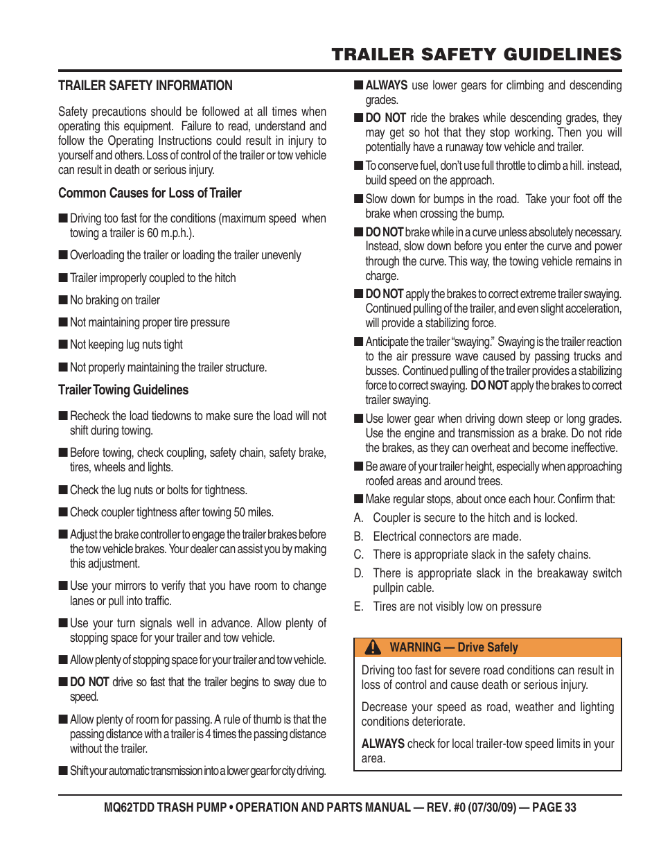 Trailer safety guidelines | Multiquip MQ62TDD User Manual | Page 33 / 116