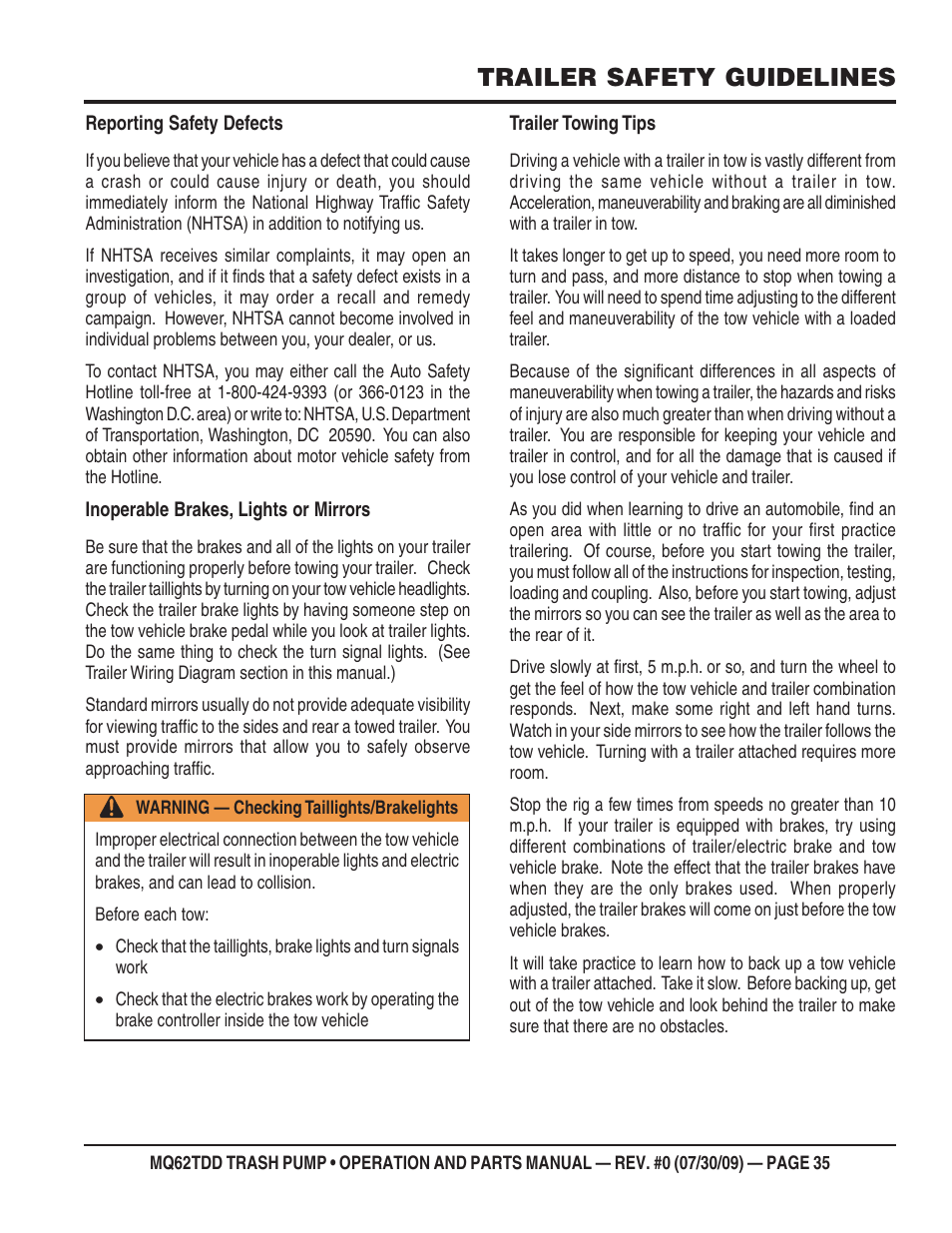 Trailer safety guidelines | Multiquip MQ62TDD User Manual | Page 35 / 116