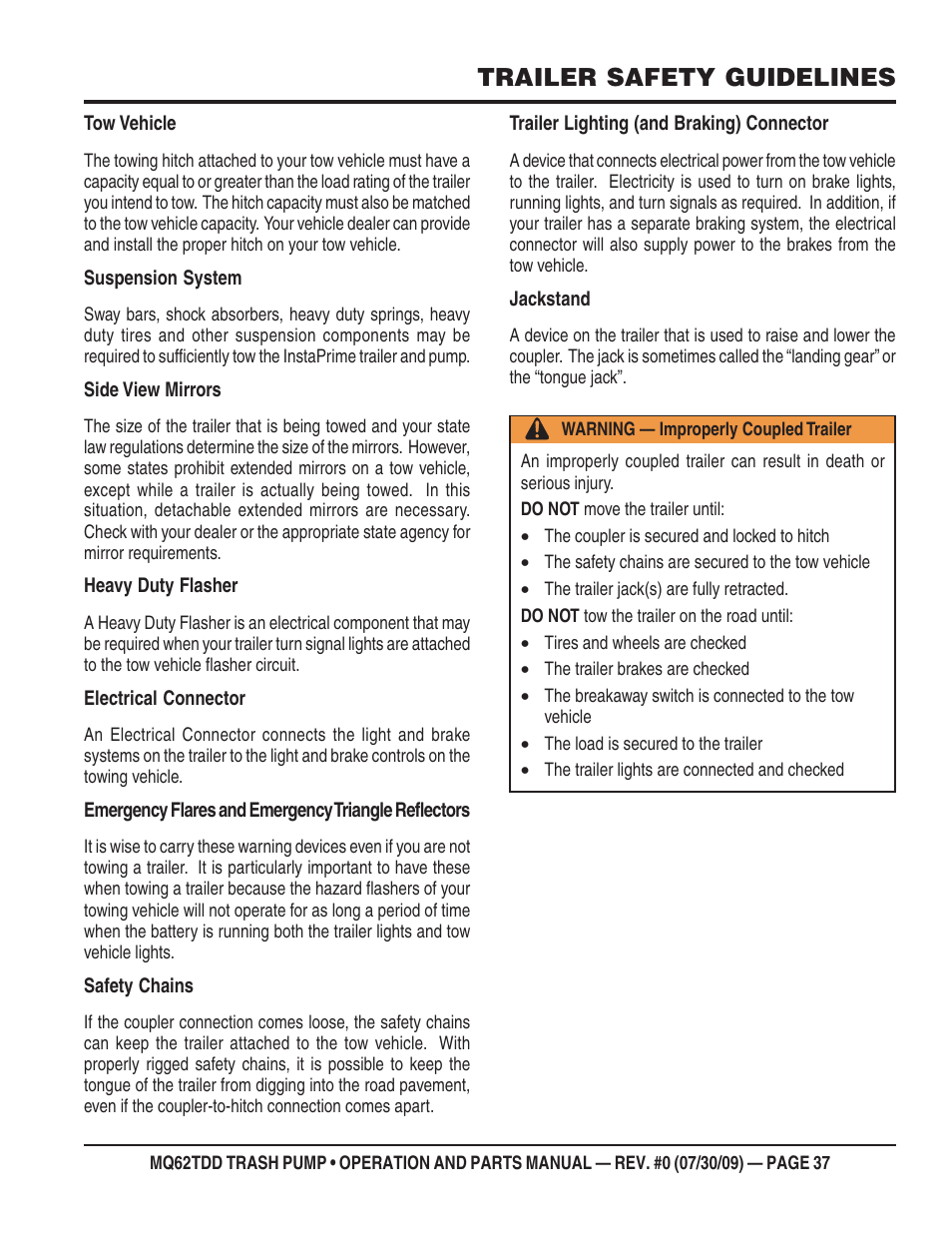 Trailer safety guidelines | Multiquip MQ62TDD User Manual | Page 37 / 116