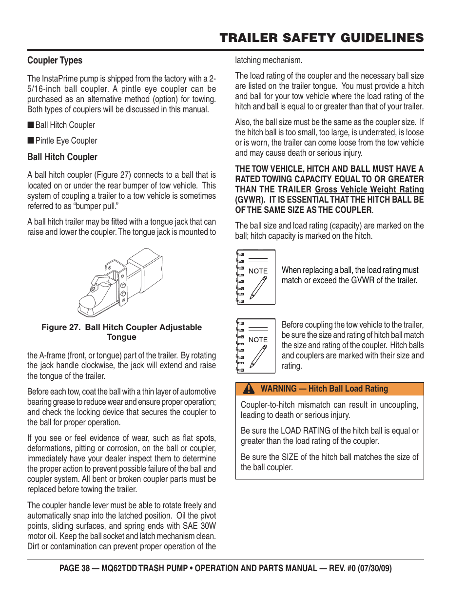 Trailer safety guidelines | Multiquip MQ62TDD User Manual | Page 38 / 116