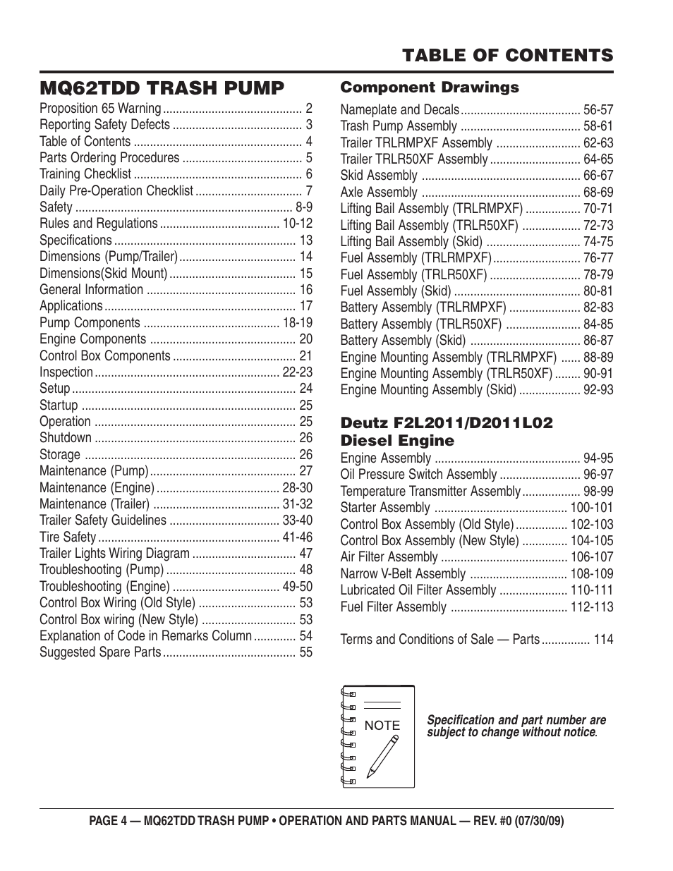 Multiquip MQ62TDD User Manual | Page 4 / 116